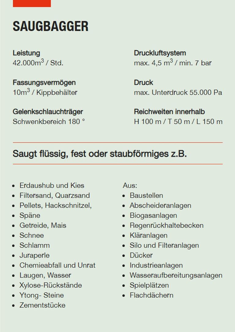 Saugbagger Schwabach - Technische Daten Saugbagger